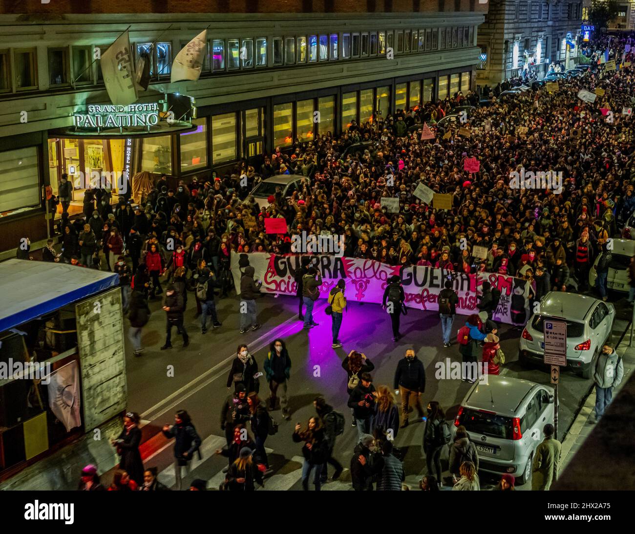 Women's day celebration march in the historic center of Rome. Furthermore, it is marching against homophobia, transphobia and gender-based violence. Stock Photo