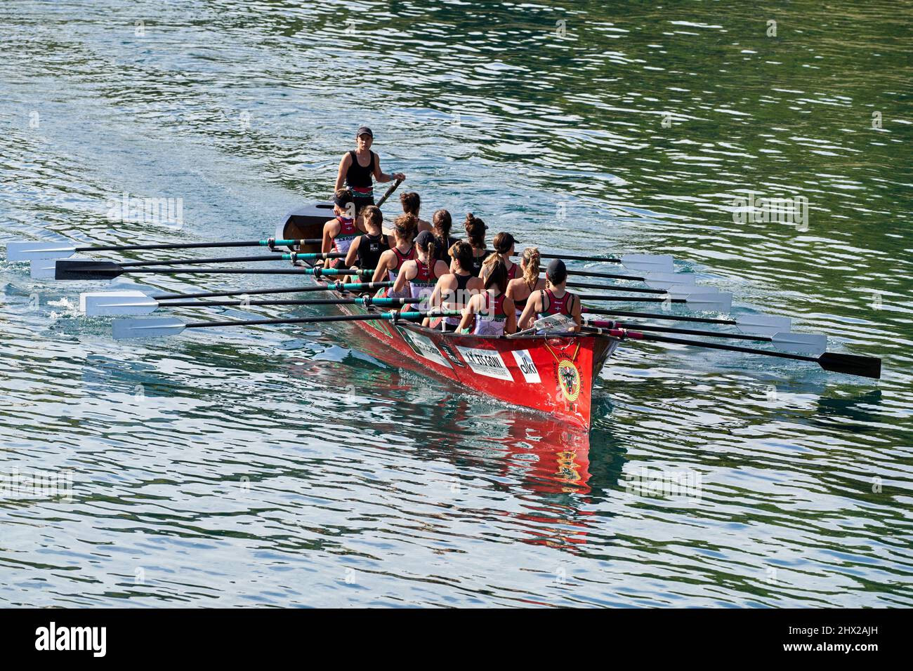 Traineras Regatta, women's modality, Urumea River, Donostia, San Sebastian, Gipuzkoa, Basque Country, Spain, Europe. Stock Photo