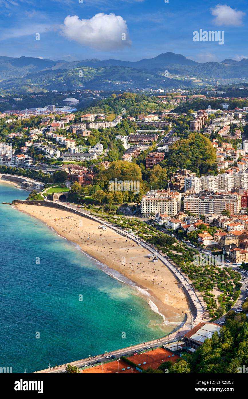 View of the city from Mount Igeldo, Ondarreta Beach, La Concha Bay, Donostia, San Sebastian, cosmopolitan city of 187,000 inhabitants, noted for its Stock Photo
