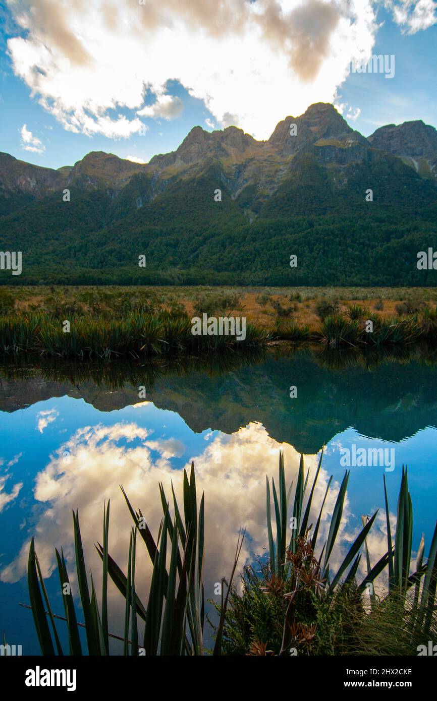 Mirror Lakes New Zealand, Earl Mountains reflection in the water, Fiordland National Park Stock Photo