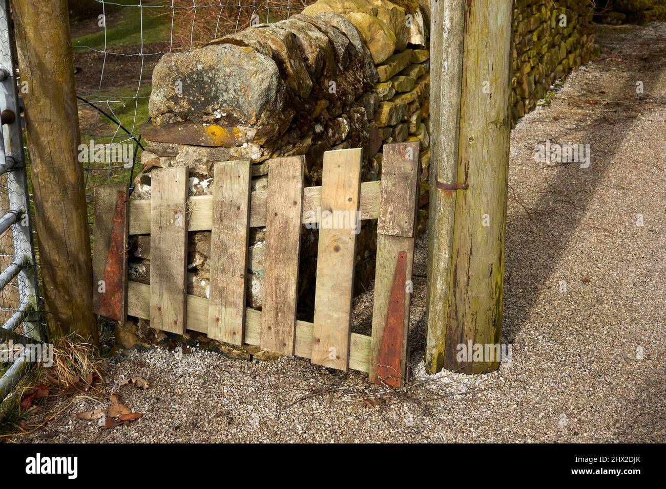 Temporary home made gate blocking gap on moorland smallholding driveway