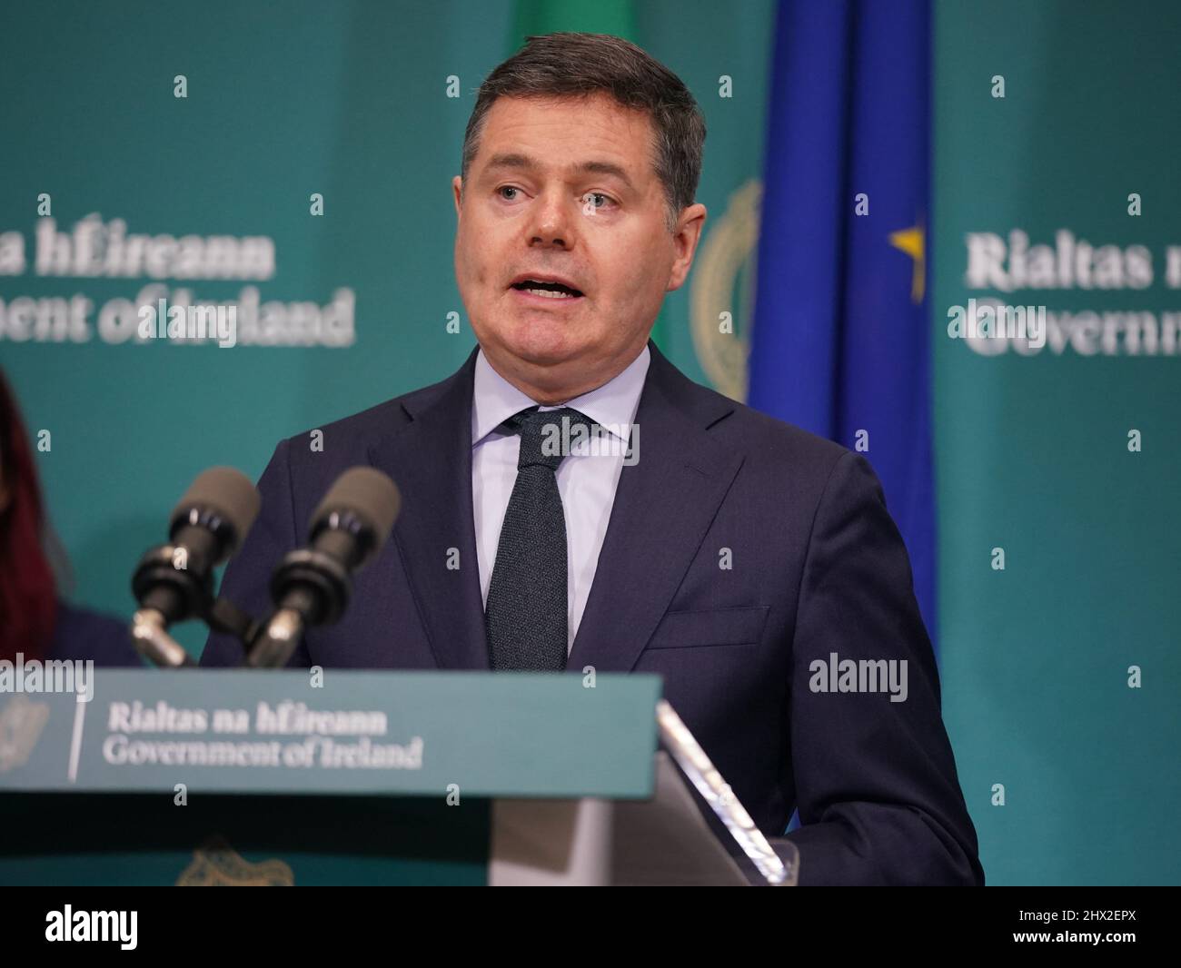 Minister for Finance, Paschal Donohoe, speaks to the media at the Government Buildings, Dublin following a incorporeal Government meeting to consider a proposal to mitigate fuel costs. Picture date: Wednesday March 9, 2022. Stock Photo