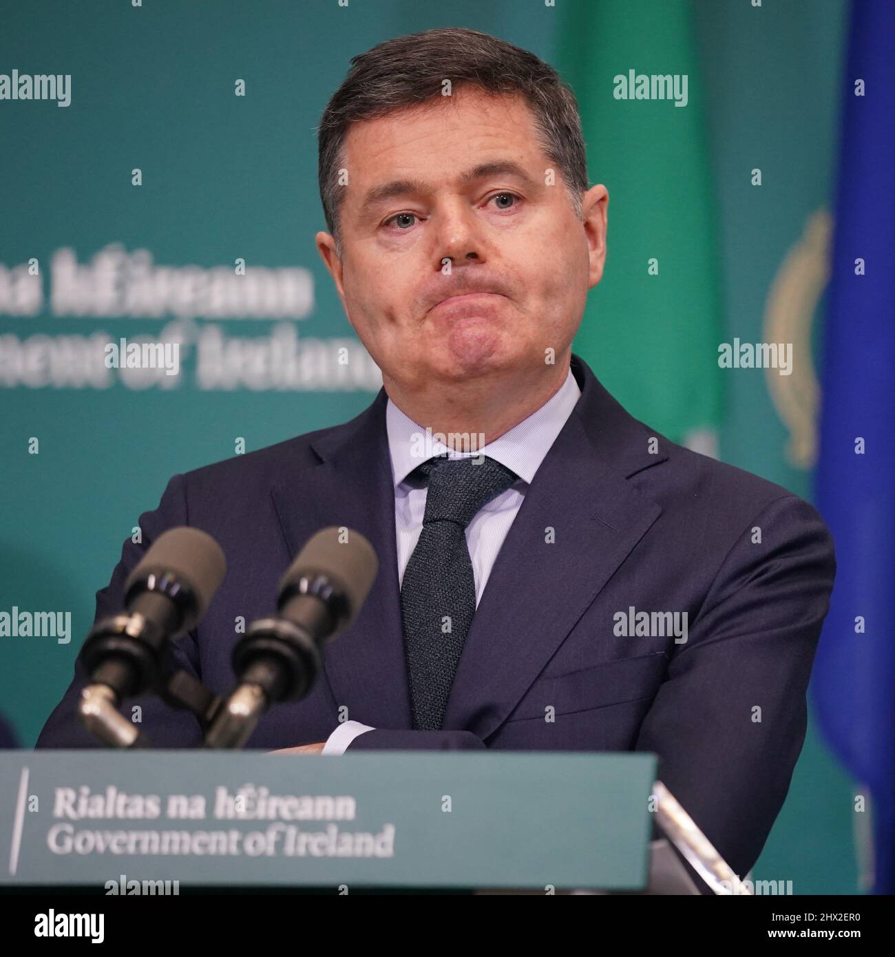 Minister for Finance, Paschal Donohoe, speaks to the media at the Government Buildings, Dublin following a incorporeal Government meeting to consider a proposal to mitigate fuel costs. Picture date: Wednesday March 9, 2022. Stock Photo