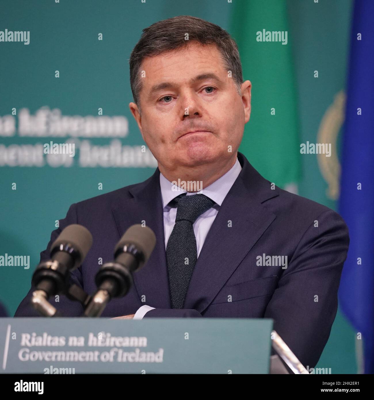 Minister for Finance, Paschal Donohoe, speaks to the media at the Government Buildings, Dublin following a incorporeal Government meeting to consider a proposal to mitigate fuel costs. Picture date: Wednesday March 9, 2022. Stock Photo
