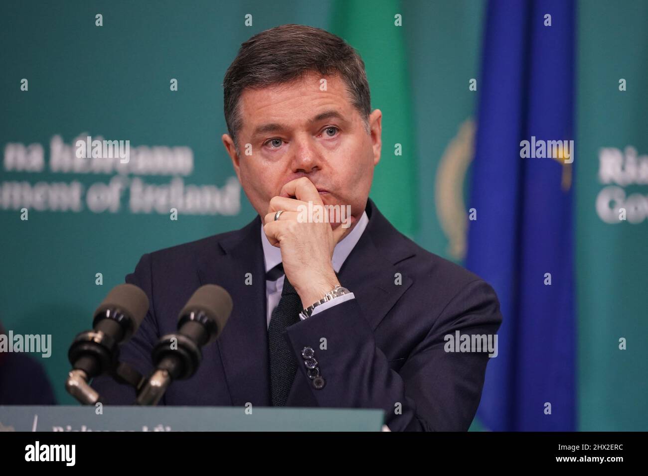 Minister for Finance, Paschal Donohoe, speaks to the media at the Government Buildings, Dublin following a incorporeal Government meeting to consider a proposal to mitigate fuel costs. Picture date: Wednesday March 9, 2022. Stock Photo