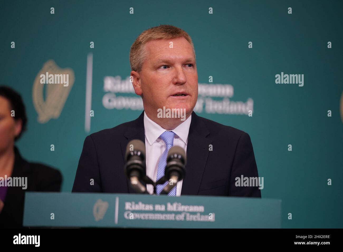 Minister for Public Expenditure and Reform, Michael McGrath, speaks to the media at the Government Buildings, Dublin following a incorporeal Government meeting to consider a proposal to mitigate fuel costs. Picture date: Wednesday March 9, 2022. Stock Photo