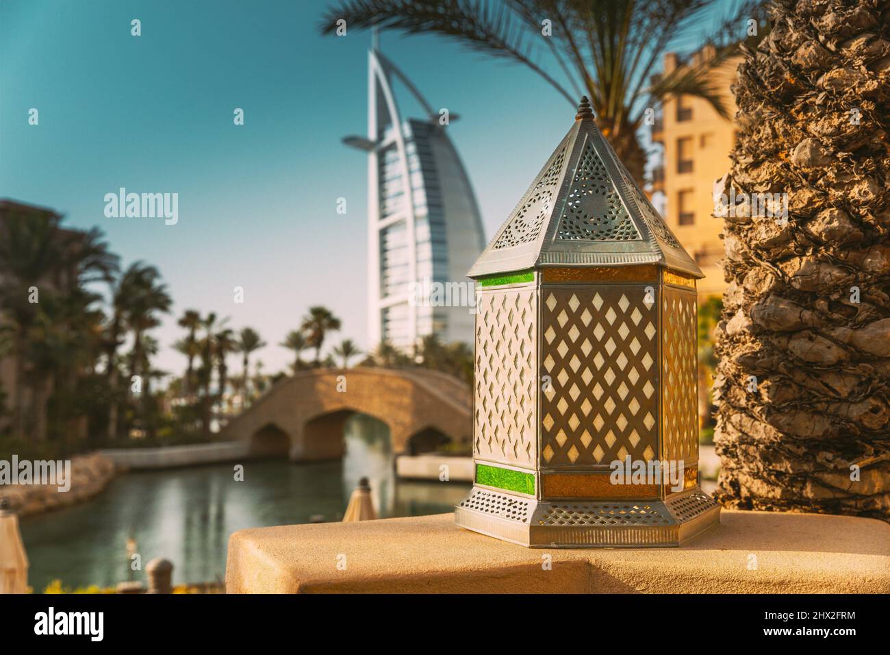 Traditional colorful handmade oriental lamp and lantern. View of Hotel