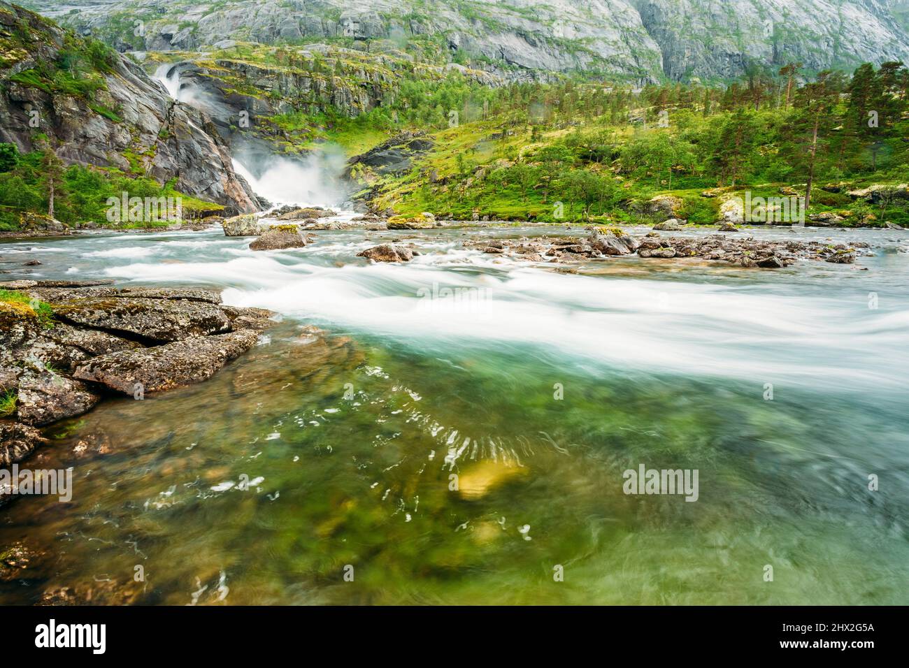 Waterfall in the Valley of waterfalls in Norway. Husedalen Waterfalls