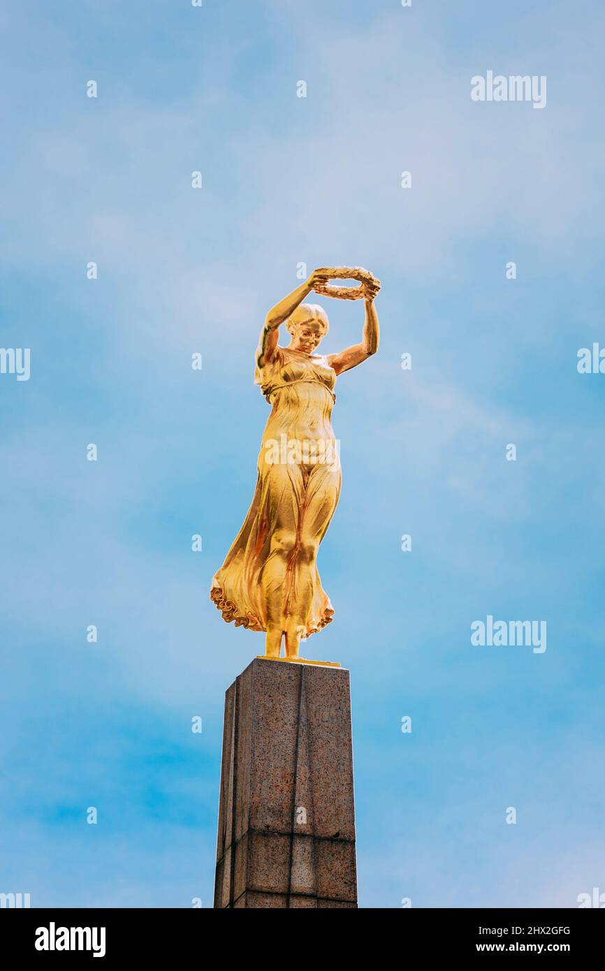 Luxembourg. Monument of Remembrance (Gelle Fra or Golden Lady) is a war memorial in Luxembourg City. Dedicated to Luxembourgers who volunteered for Stock Photo