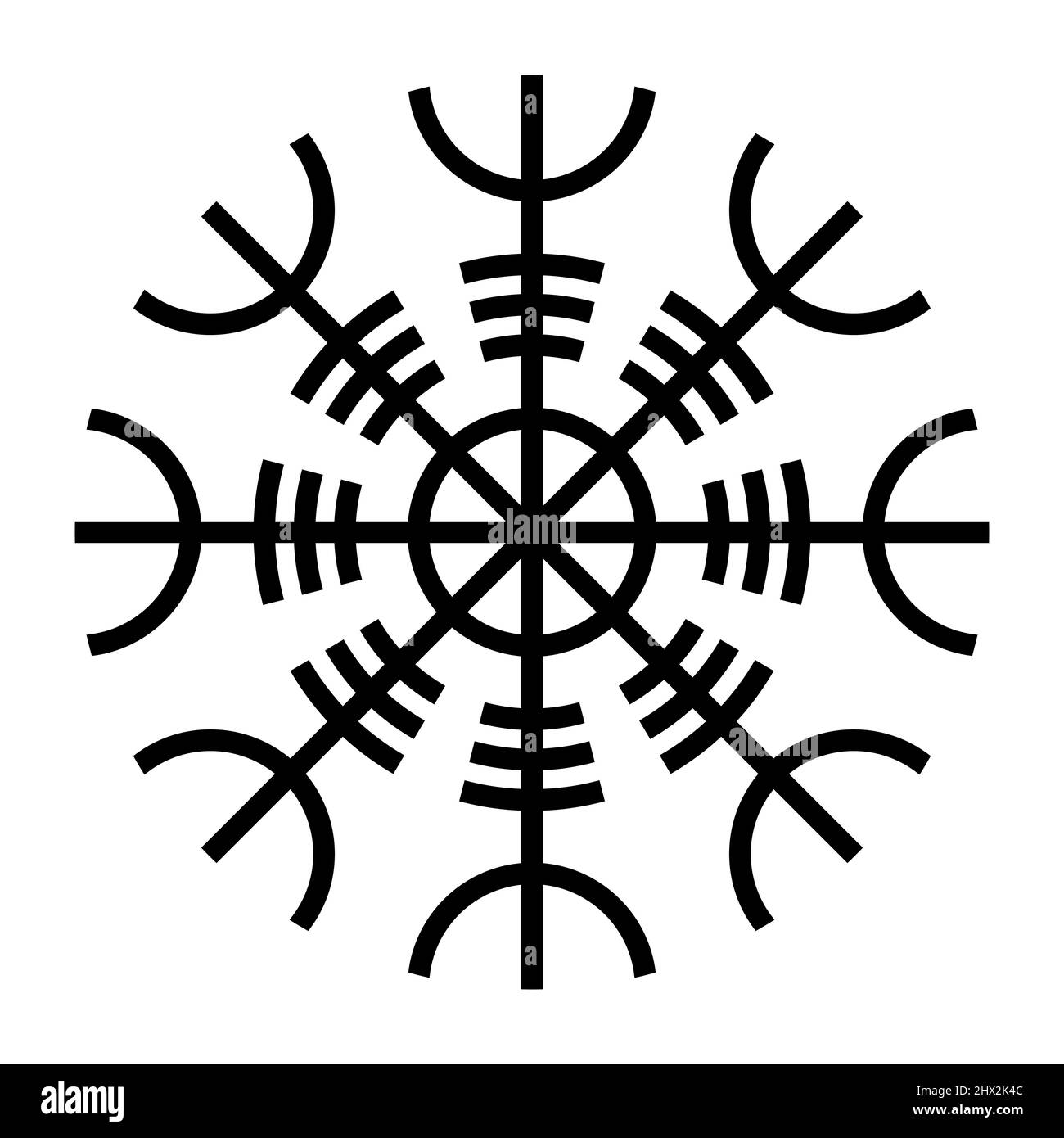 Helm of Awe, Aegishjalmur, is the name of an Icelandic occult symbol and magical stave, in Norse mythology. Used as a part of a Christian magic ritual. Stock Photo