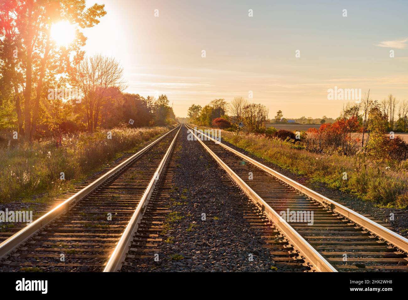 Empty railway tracks through the countryside at sunset in autumn. Lens flare. Stock Photo