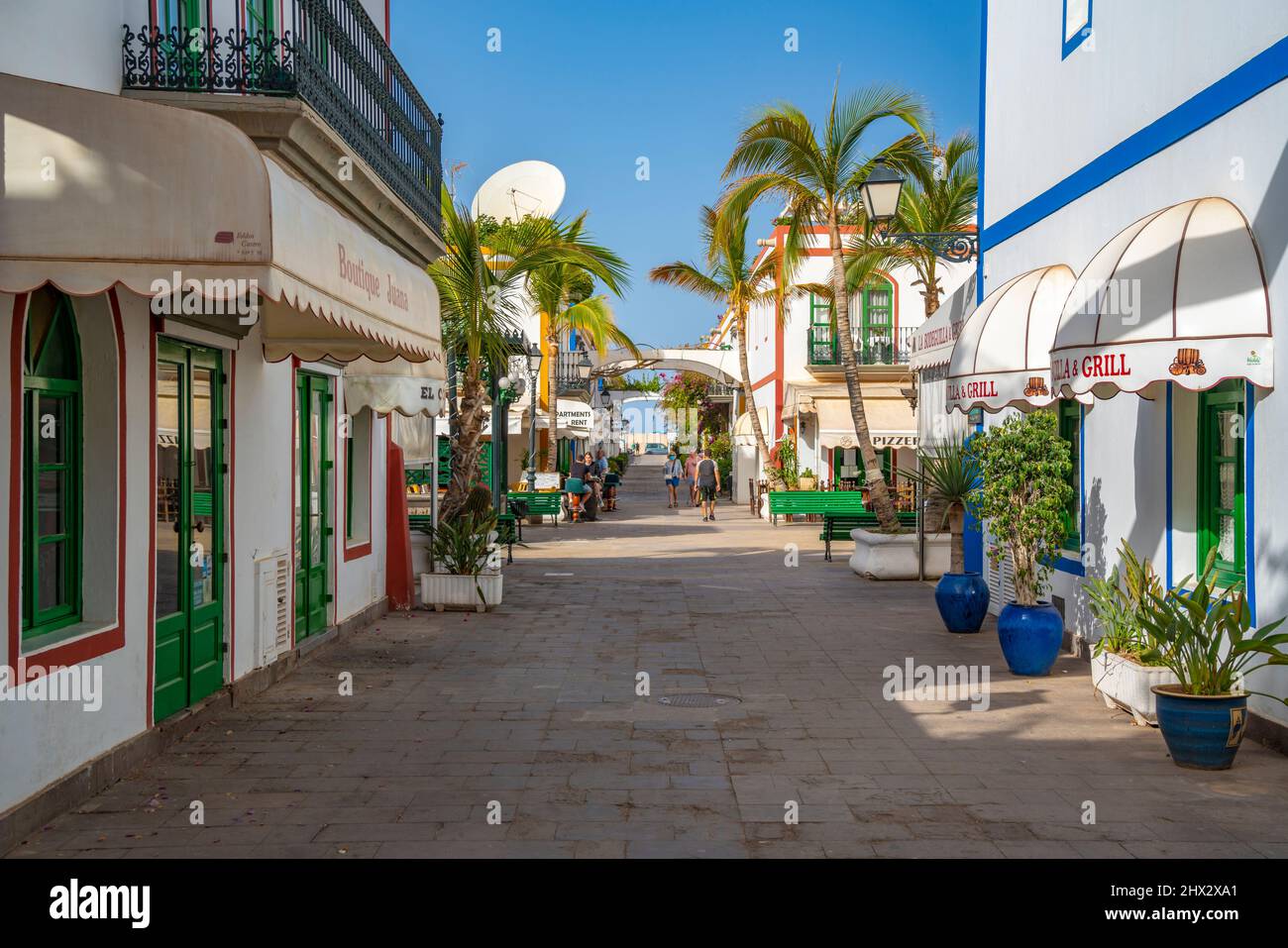 View of colourful buildings and shops in the old town, Puerto de Mogan, Gran Canaria, Canary Islands, Spain, Europe Stock Photo