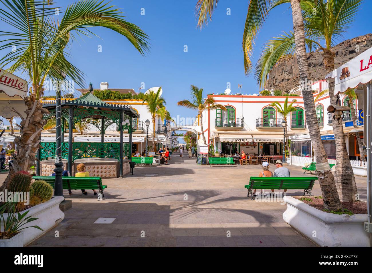 View of cafes and shops along the promenade in the old town, Puerto de Mogan, Gran Canaria, Canary Islands, Spain, Europe Stock Photo