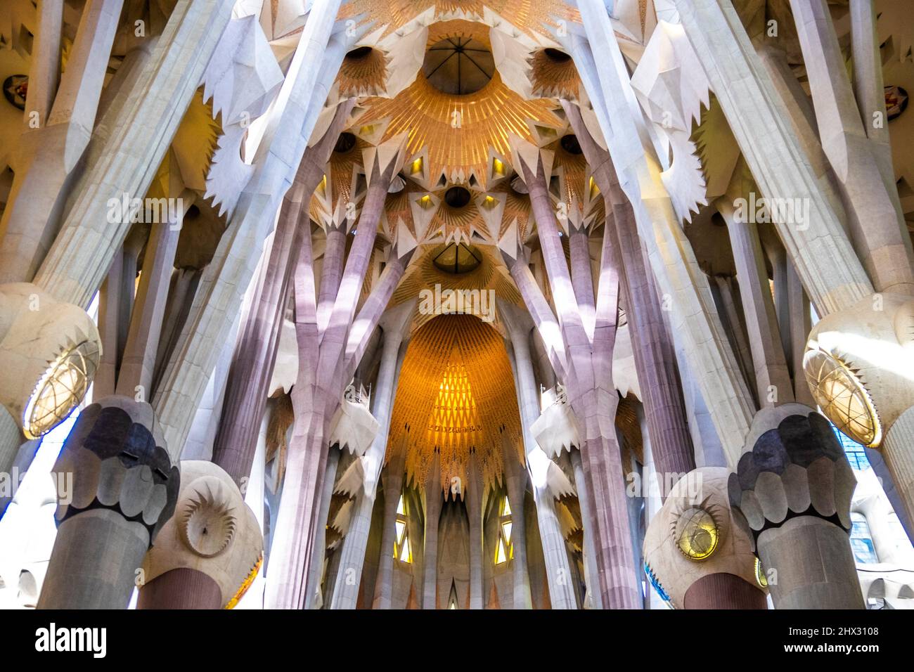 The famous interior of the Sagrada Familia by Antoni Gaudi in Barcelona ...