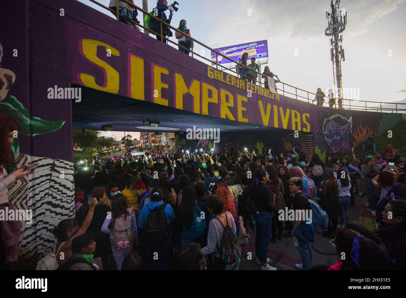 Women participate in the international womes day demonstrations in Bogota, Colombia on March 8, 2022. Stock Photo