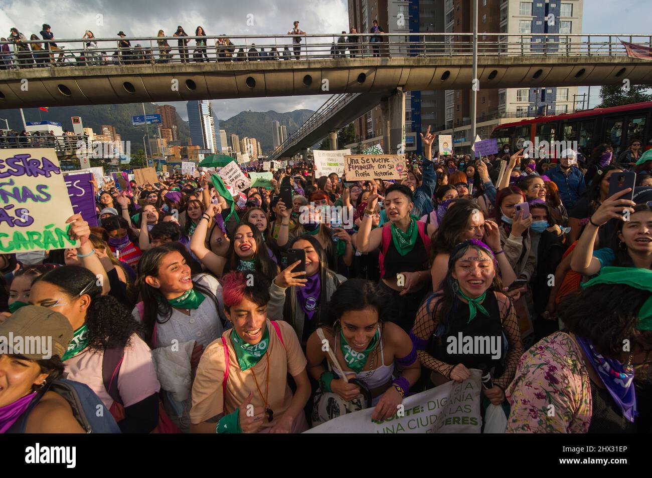 Women participate in the international womes day demonstrations in Bogota, Colombia on March 8, 2022. Stock Photo