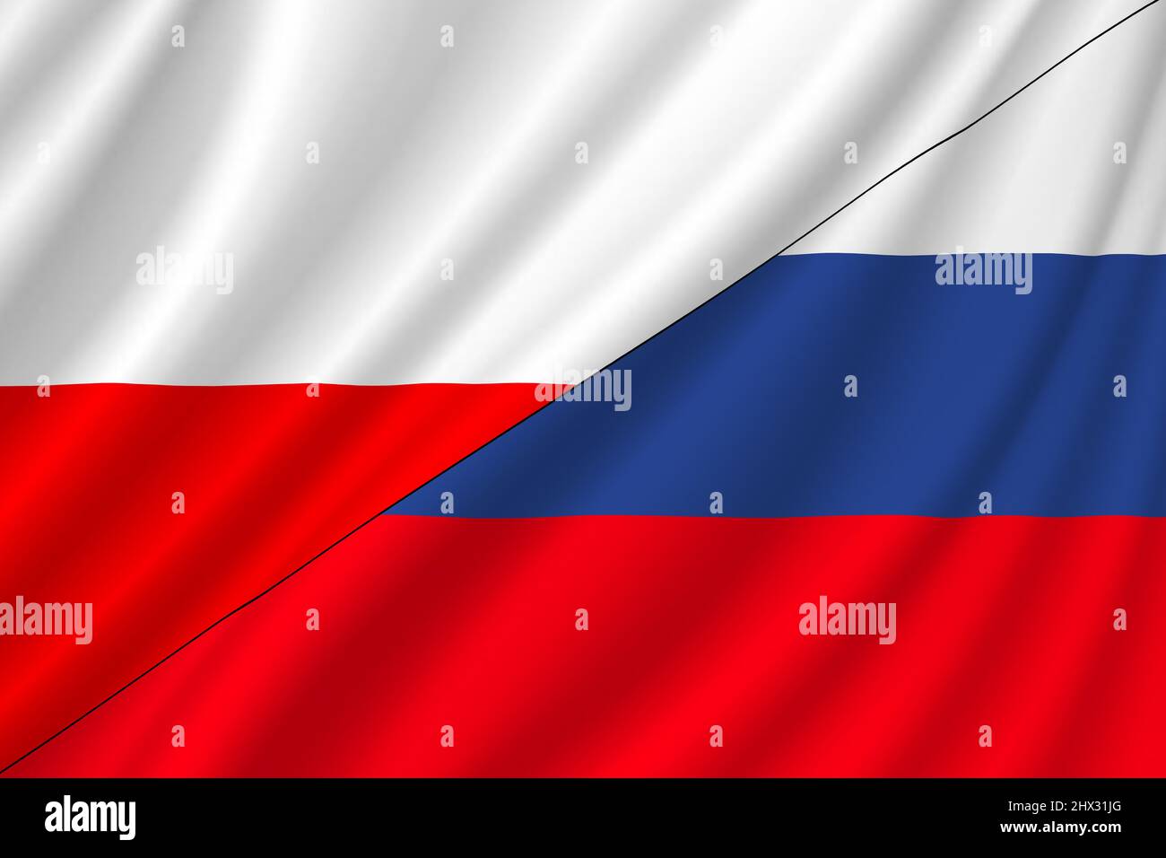 Conflict between Russia and Poland war concept. Russian flag and Poland flag background. Flag with ripples. Horizontal design. Illustration. Map. Stock Photo