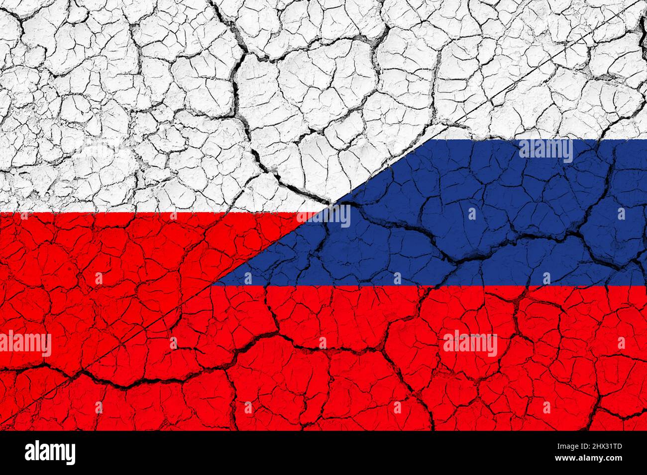 Conflict between Russia and Poland war concept. Russian flag and Poland flag background. Flag with cracks. Horizontal design. Illustration. Map. Stock Photo