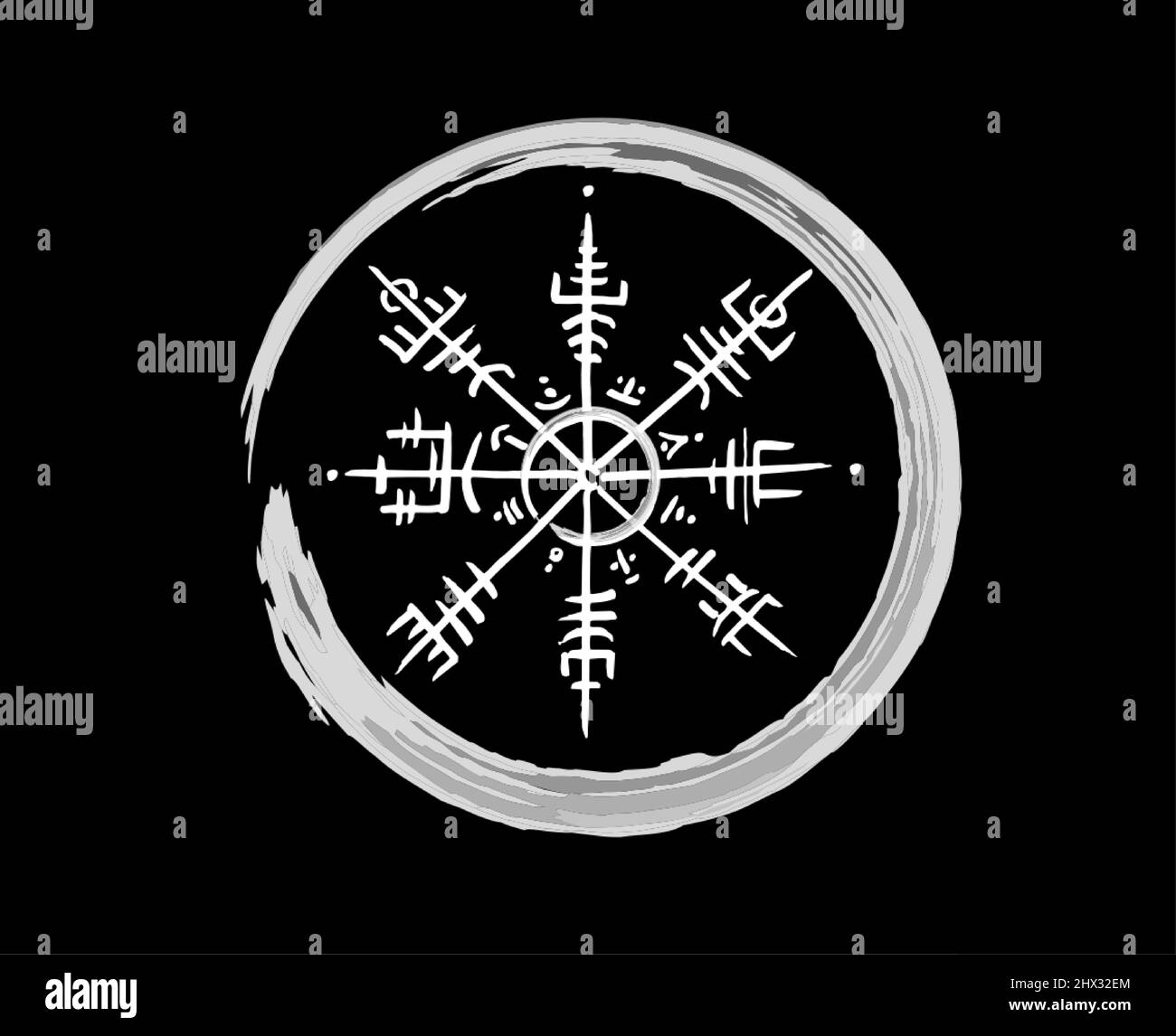 Vegvisir runic compass white pencil drawing style, Hand drawing of Viking symbols, Sacred Norse, tattoo logo, grunge runic magic symbols, vector sign Stock Vector