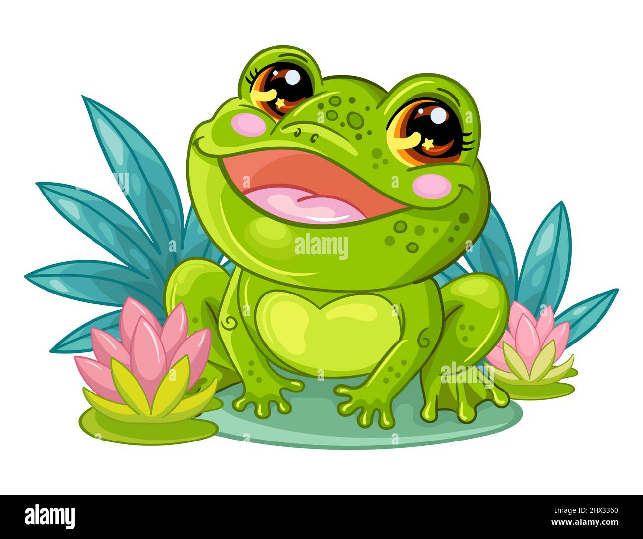 kawaii & happy green frog smiling Sticker