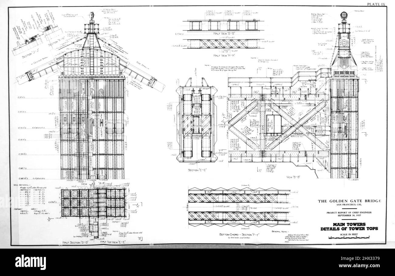 Main Towers. Details of Tower top from The Golden Gate Bridge; report of the Chief Engineer to the Board of Directors of the Golden Gate Bridge and Highway District, California, September, 1937 Stock Photo