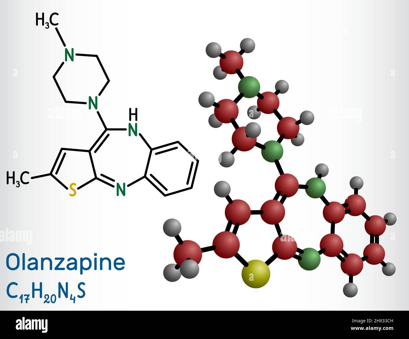 Olanzapine molecule. It is atypical antipsychotic drug for the treatment of schizophrenia, bipolar disorder. Structural chemical formula and molecule Stock Vector
