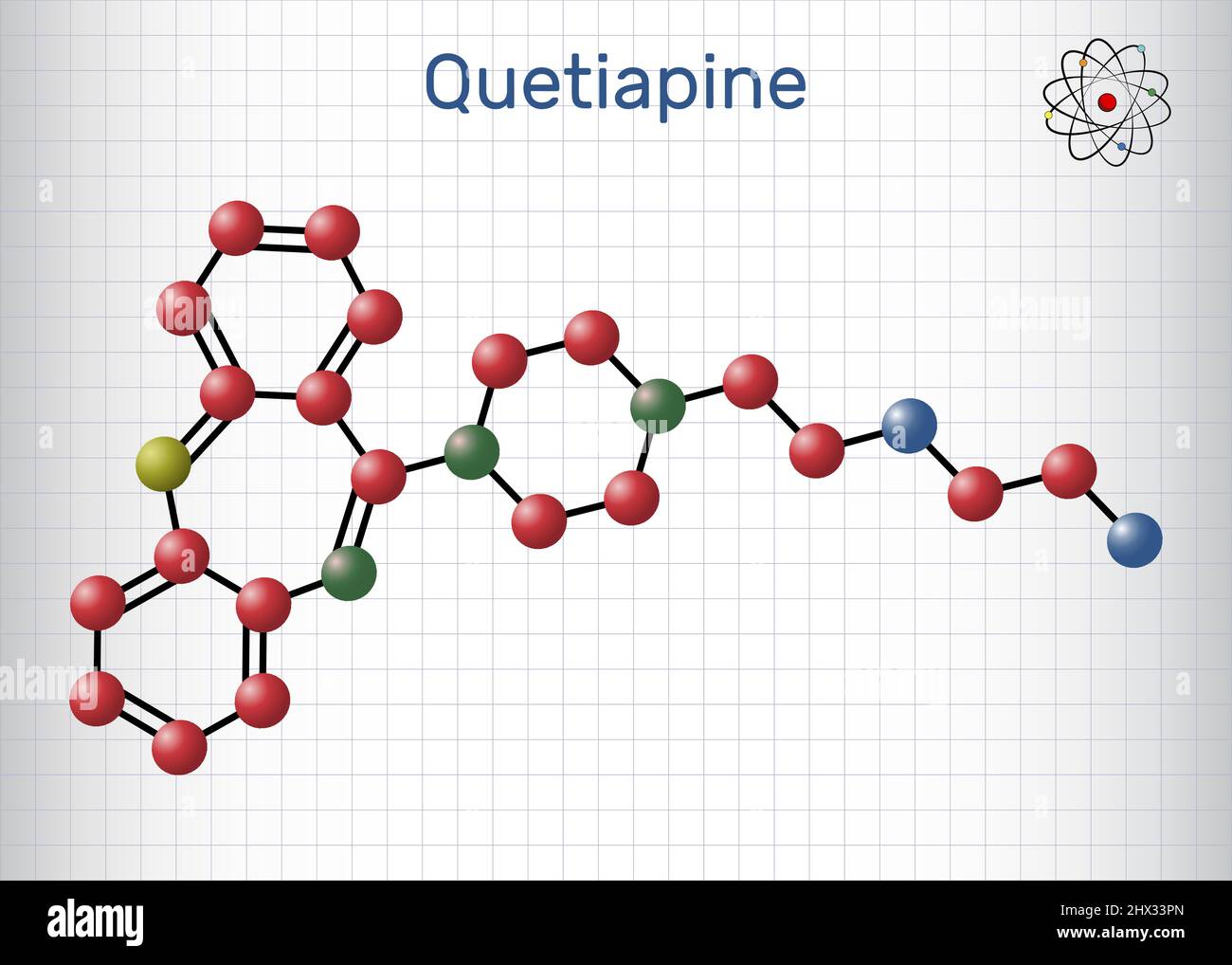 Quetiapine molecule. It is neuroleptic, atypical antipsychotic medication for the treatment of schizophrenia, bipolar disorder. Molecule model. Sheet Stock Vector