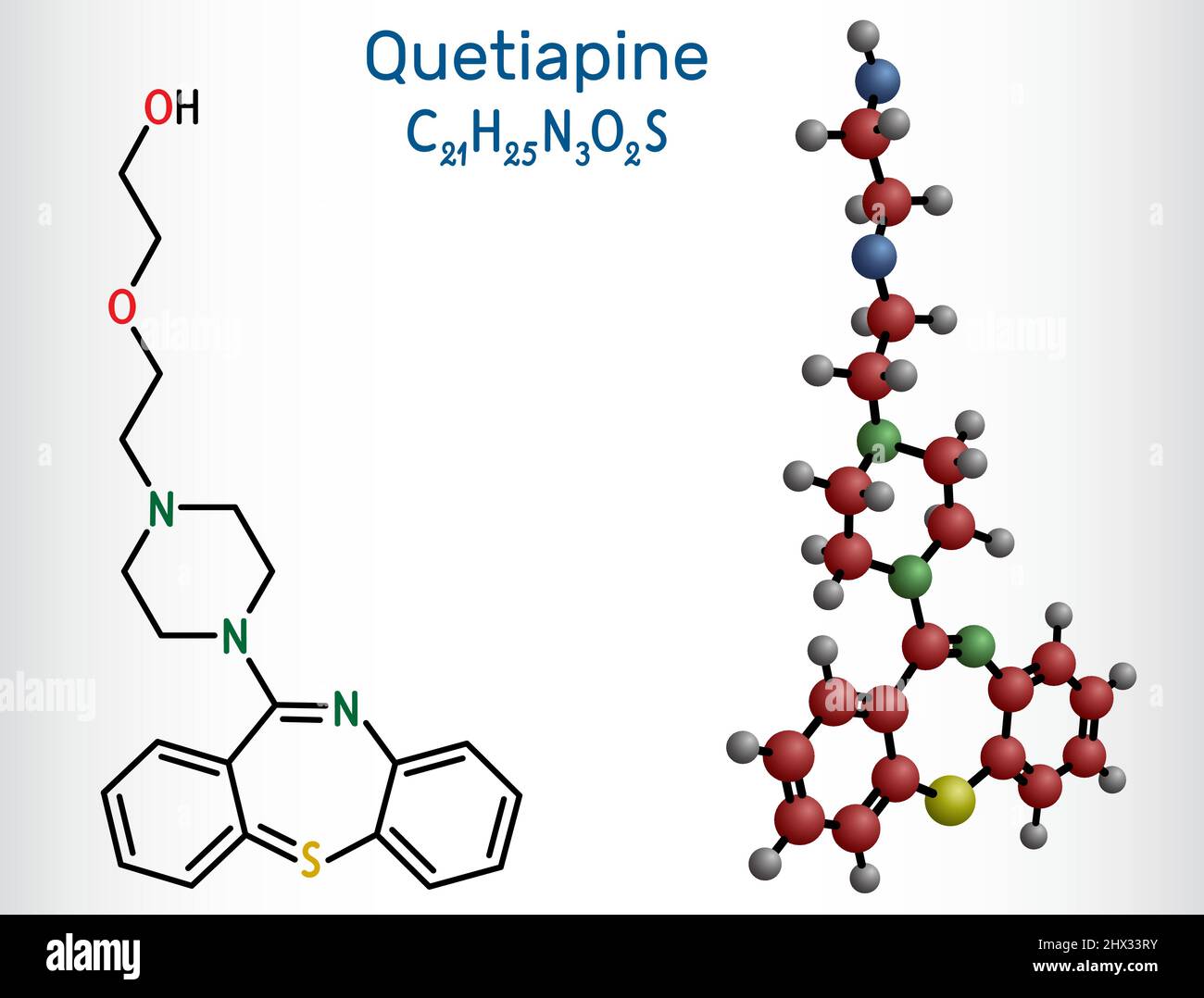 Quetiapine molecule. It is neuroleptic, atypical antipsychotic medication for the treatment of schizophrenia, bipolar disorder. Structural chemical fo Stock Vector