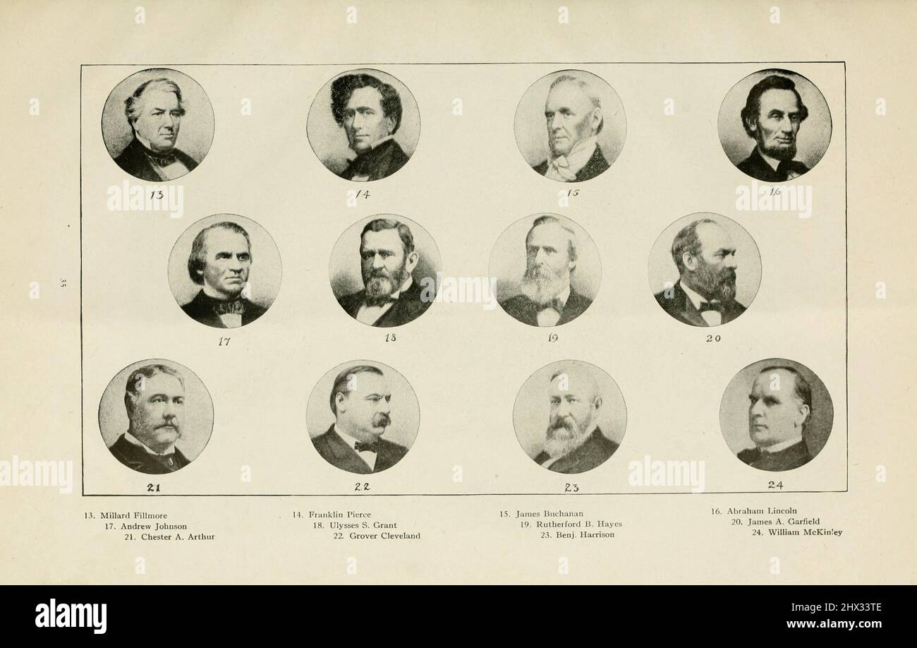 Past Presidents of the USA 13. Millard Fillmore 14. Fraklin Pierce 15. James Buchanan 16. Abraham Lincoln 17. Andrew Johnson 18. Ulysses S. Grant 19. Rutherford B. Hayes 20. James A. Garfield 21. Chester A. Arthur 22. Grover Cleveland 23. Benj Harrison 24. William McKinly From the book ' The Washington monument illustrated; complete guide and history; authentic facts and figures; pictorial city of Washington ' by Ina Capitola Emery, Published in 1913 Stock Photo