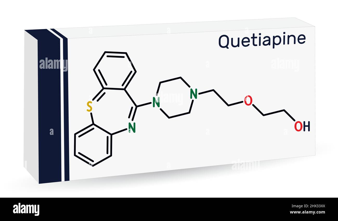 Quetiapine molecule. It is neuroleptic, atypical antipsychotic medication for the treatment of schizophrenia, bipolar disorder. Skeletal chemical form Stock Vector