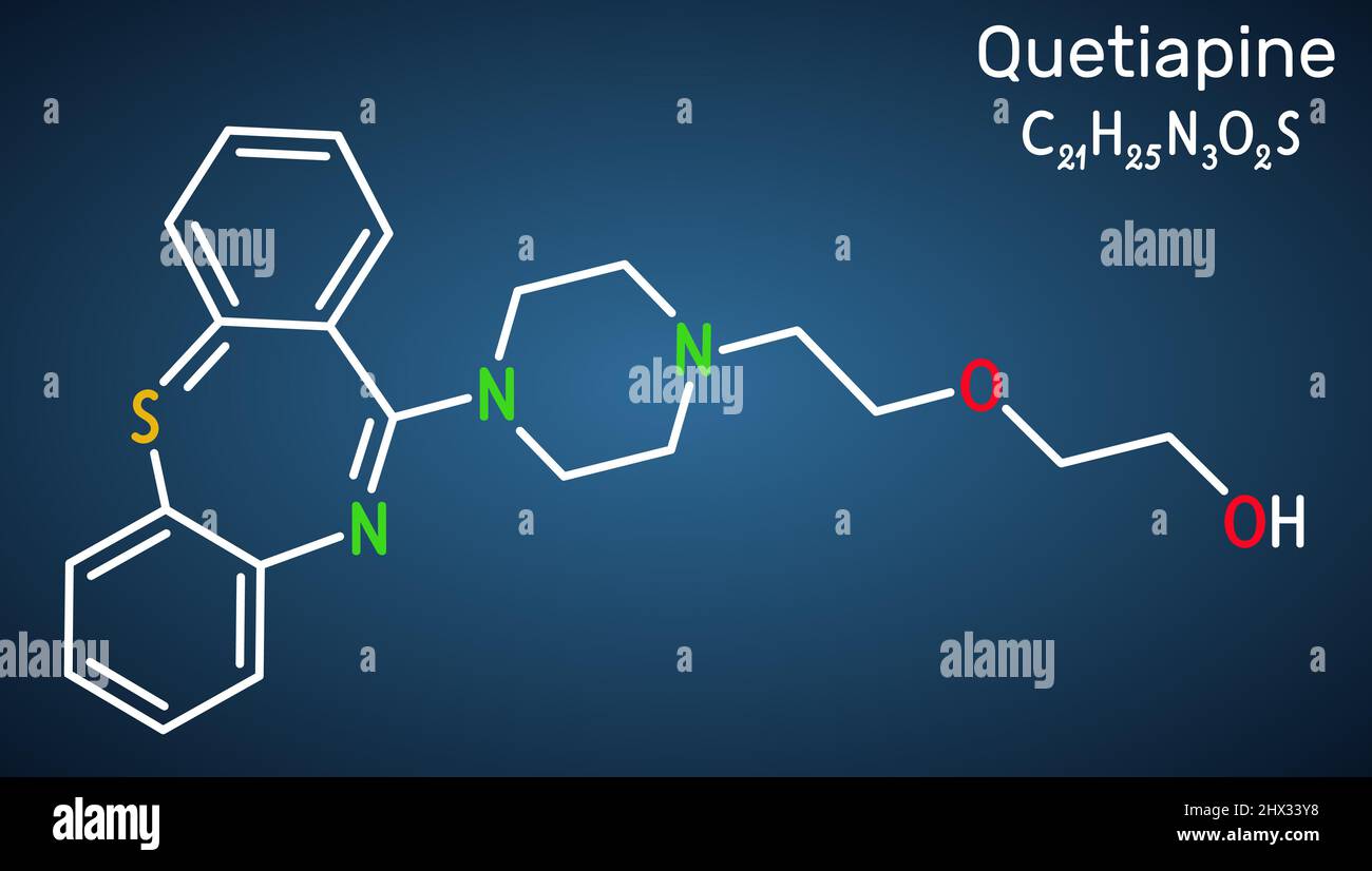 Quetiapine molecule. It is neuroleptic, atypical antipsychotic medication for the treatment of schizophrenia, bipolar disorder. Structural chemical fo Stock Vector