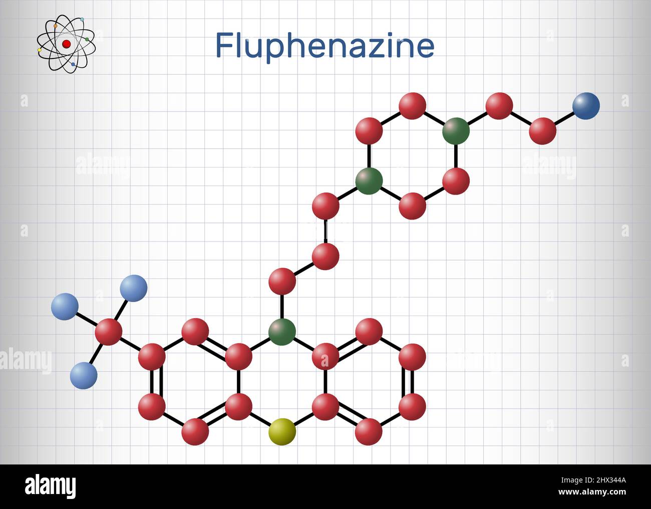 Fluphenazine molecule. It is is a phenothiazine, neuroleptic, antipsychotic medication, used in the treatment of psychoses. Molecule model. Sheet of p Stock Vector