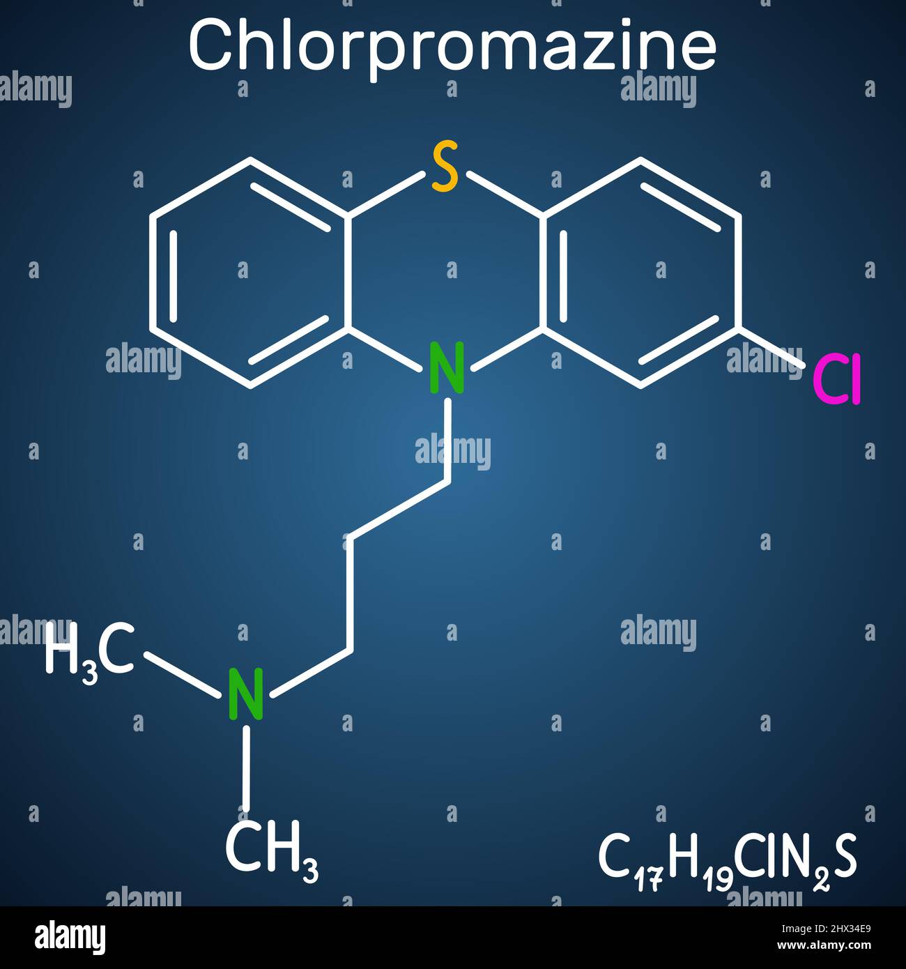 Chlorpromazine, CPZ molecule. Phenothiazine antipsychotic, used to treat nausea, anxiety, schizophrenia, bipolar disorder. Structural chemical formula Stock Vector