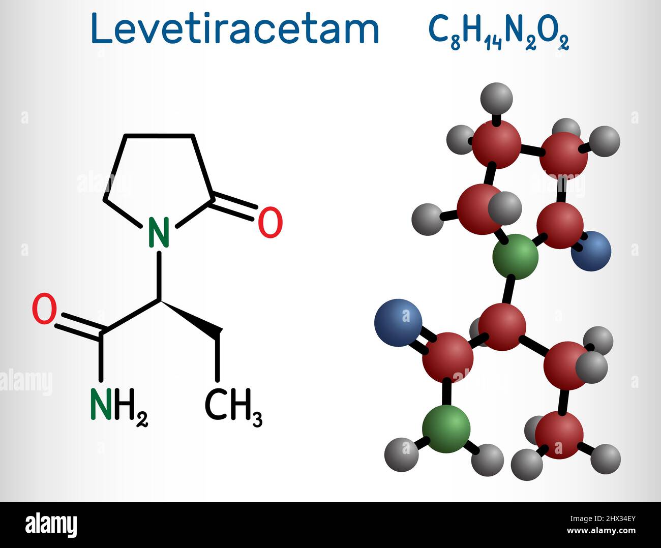 Levetiracetam molecule. It is pyrrolidine, anticonvulsant medication used to treat epilepsy. Structural chemical formula and molecule model. Vector il Stock Vector