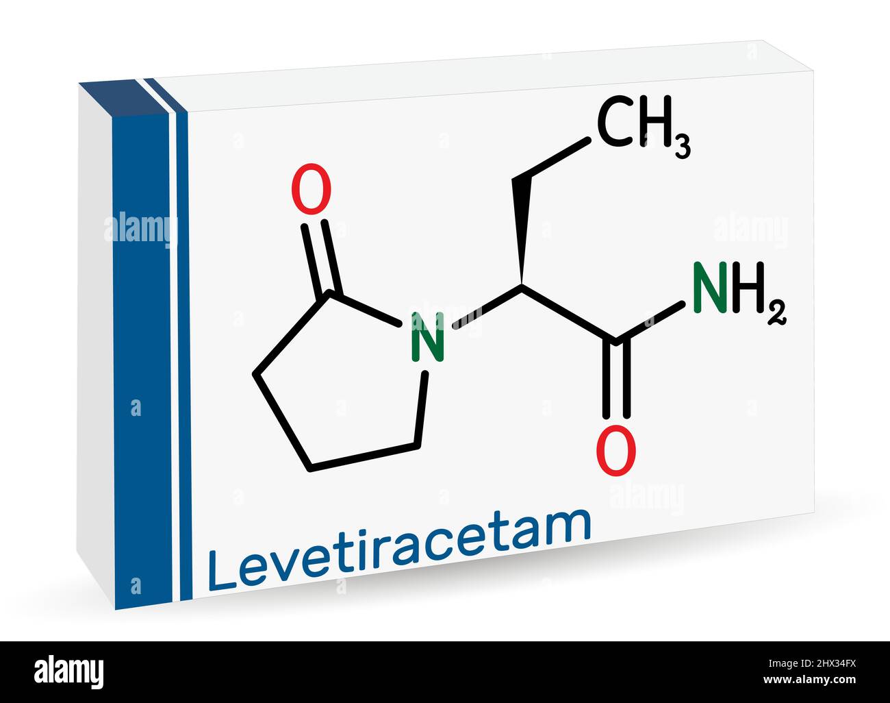 Levetiracetam molecule. It is pyrrolidine, anticonvulsant medication used to treat epilepsy. Skeletal chemical formula. Paper packaging for drugs. Vec Stock Vector