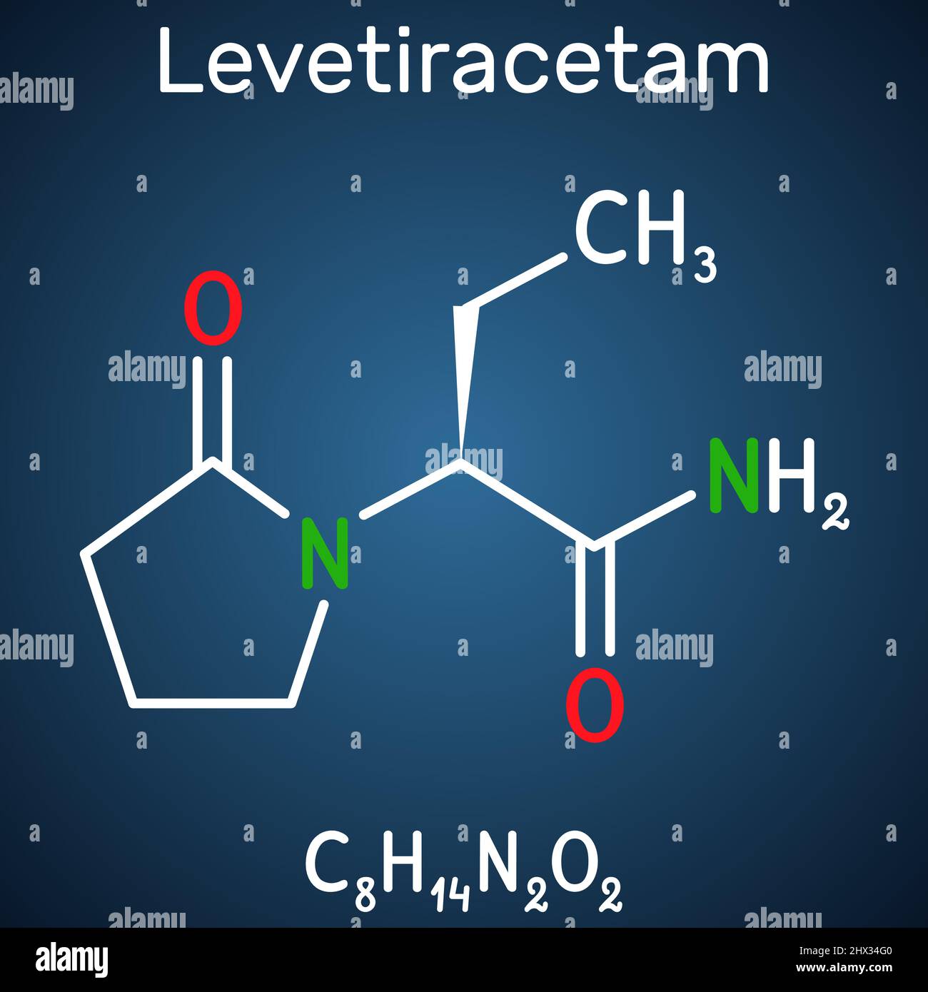 Levetiracetam molecule. It is pyrrolidine, anticonvulsant medication used to treat epilepsy. Structural chemical formula on the dark blue background. Stock Vector