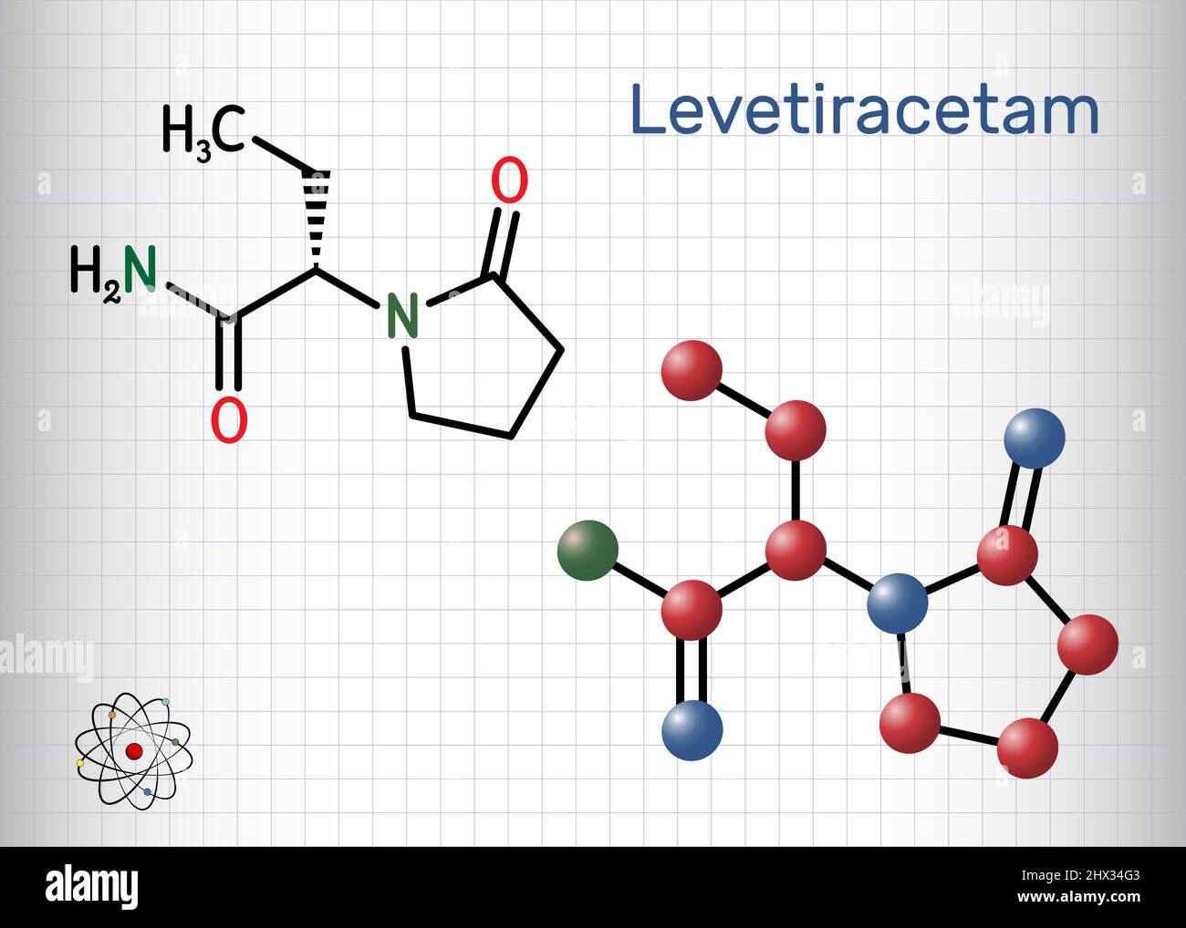 Levetiracetam molecule. It is pyrrolidine, anticonvulsant medication used to treat epilepsy. Structural chemical formula, molecule model. Sheet of pap Stock Vector