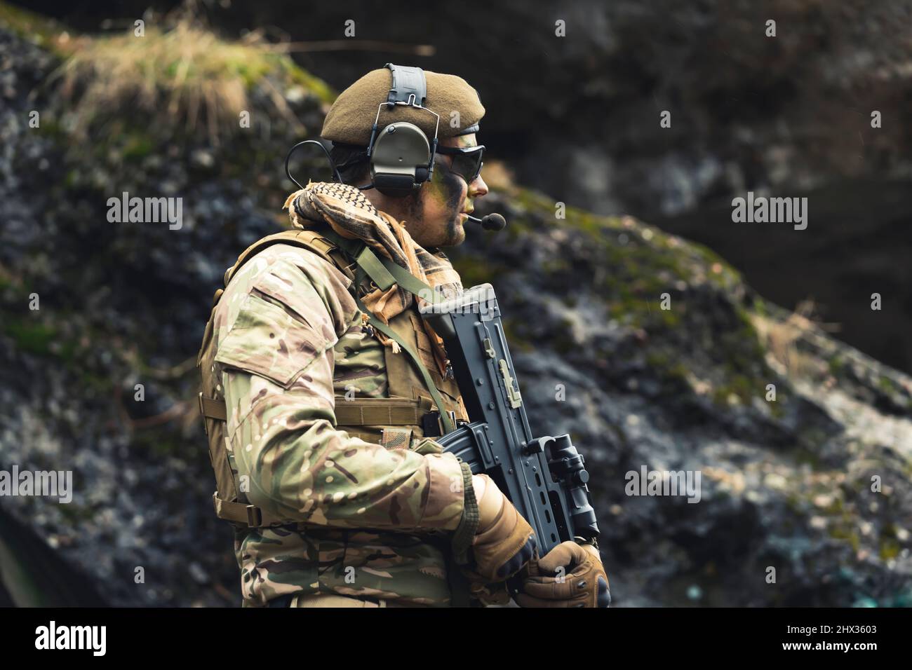 Raising defensive guard at borderline fully armed . High quality photo Stock Photo