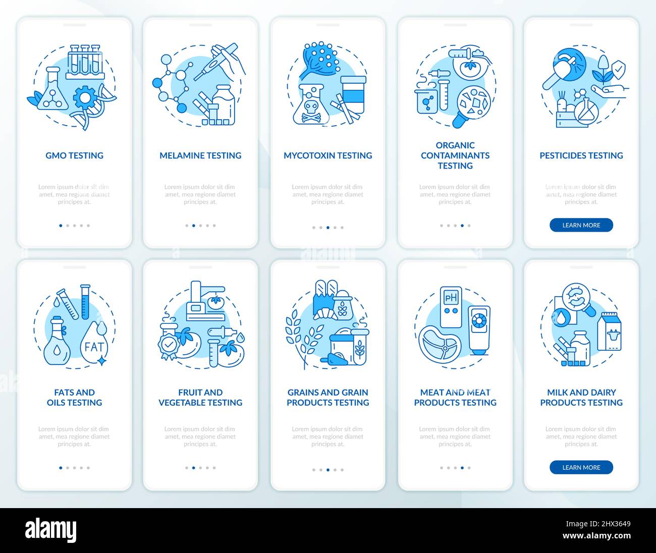 Food safety testing blue onboarding mobile app screen set Stock Vector ...
