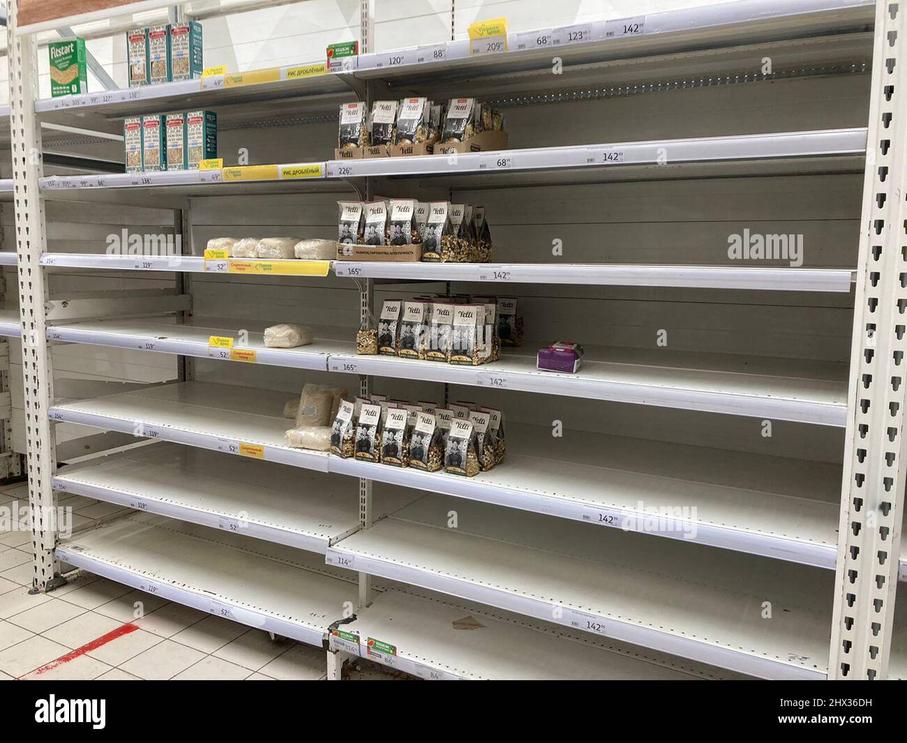 Moskau, Russia. 07th Mar, 2022. Empty shelves in a supermarket in