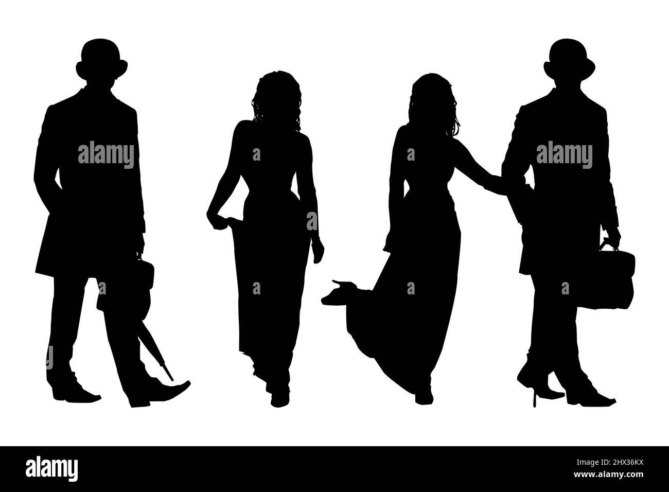 People silhouettes set isolated on white background. Woman with long dress and men with tails, hat and cane. Couple in retro evening clothes. Vector Stock Vector
