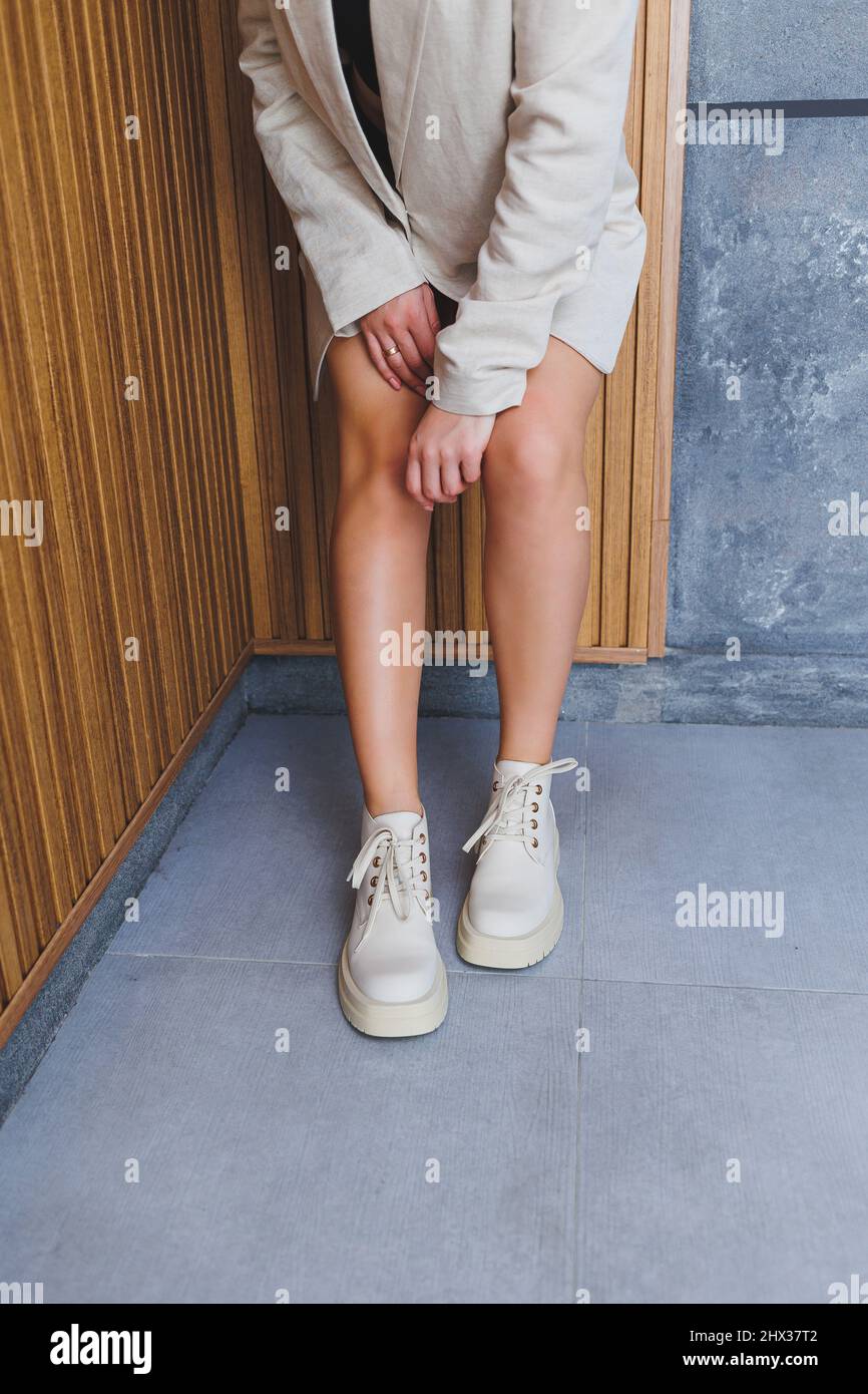 Women's shoes with slender legs, fashion style, beige color, instagram  trends, casual style. New collection of shoes for women Stock Photo - Alamy