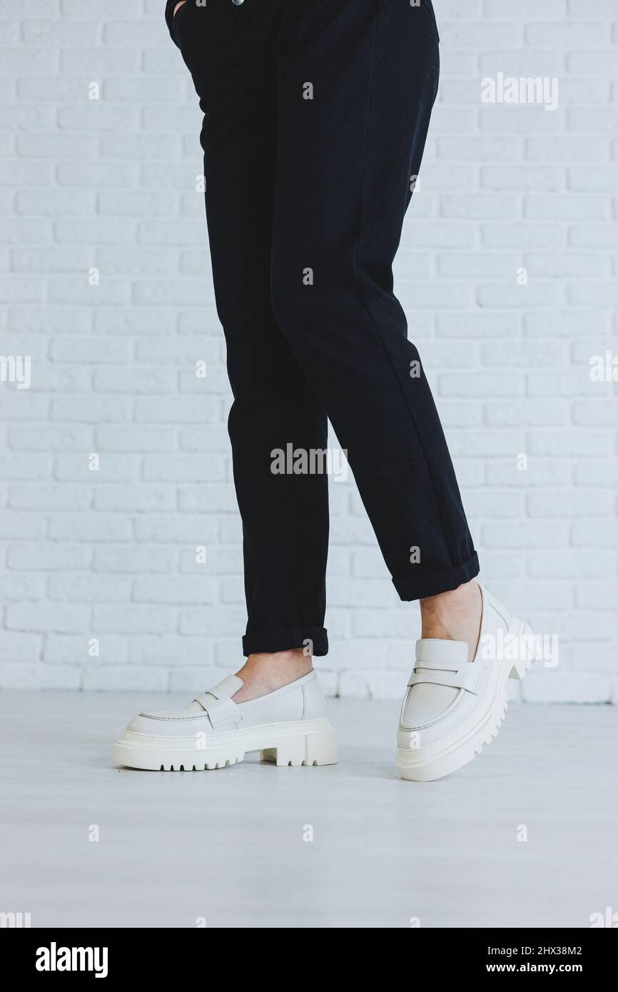modern stylish white leather loafers 
