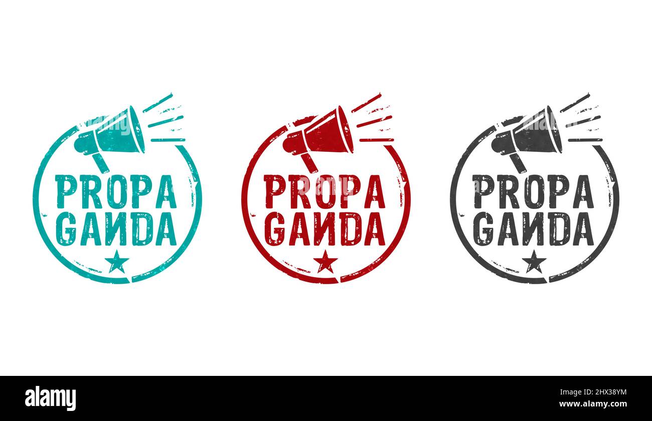 Propaganda stamp icons in few color versions. Manipulation, fake news and disinformation concept 3D rendering illustration. Stock Photo