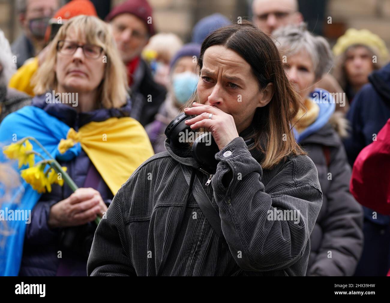 Actress Kate Dickie reacts as she joins a Scottish Artists for Ukraine demonstration at the Russian consulate, Edinburgh, against the Russian military invasion of Ukraine. Picture date: Wednesday March 9, 2022. Stock Photo