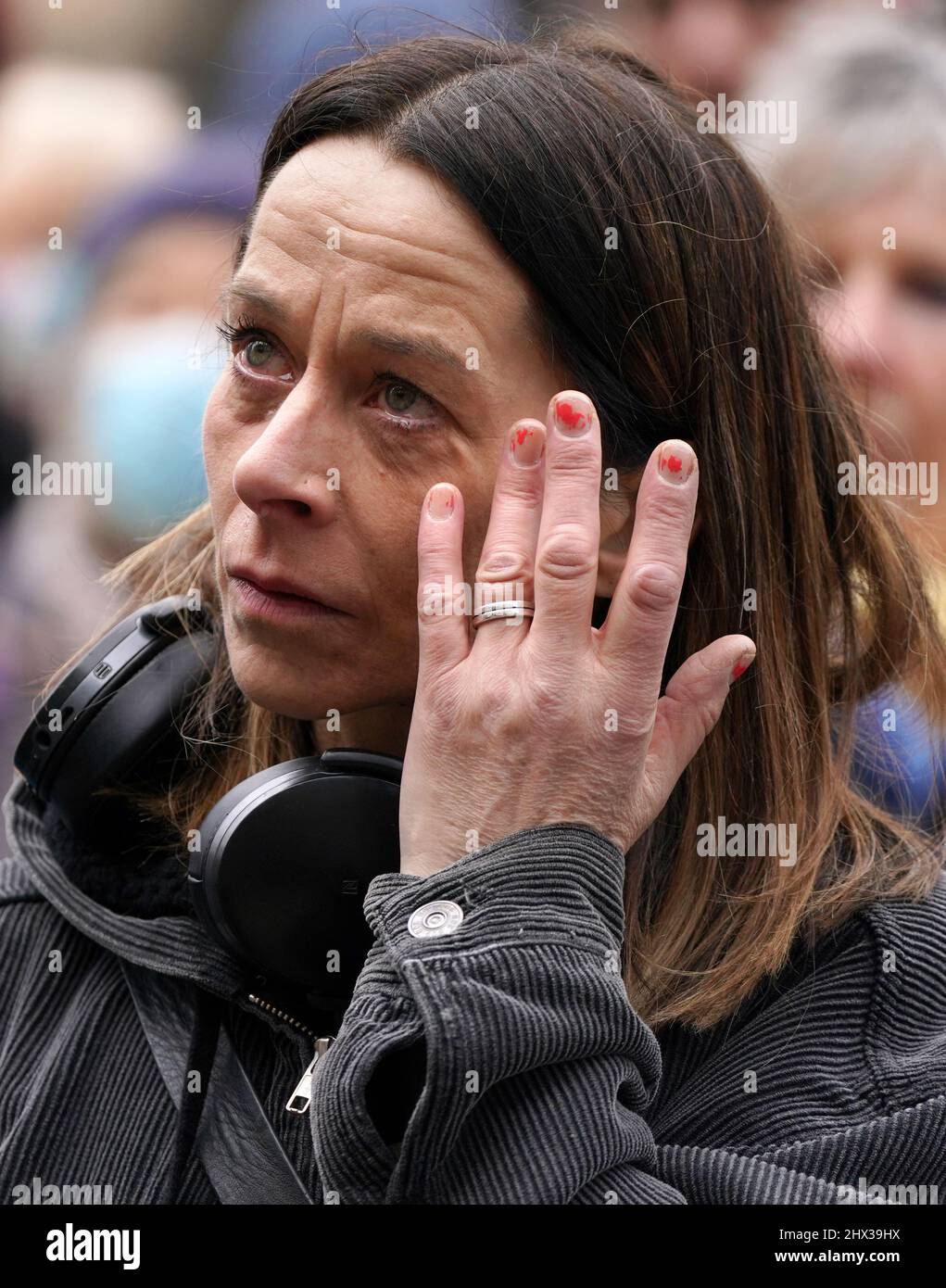 Actress Kate Dickie reacts as she joins a Scottish Artists for Ukraine demonstration at the Russian consulate, Edinburgh, against the Russian military invasion of Ukraine. Picture date: Wednesday March 9, 2022. Stock Photo