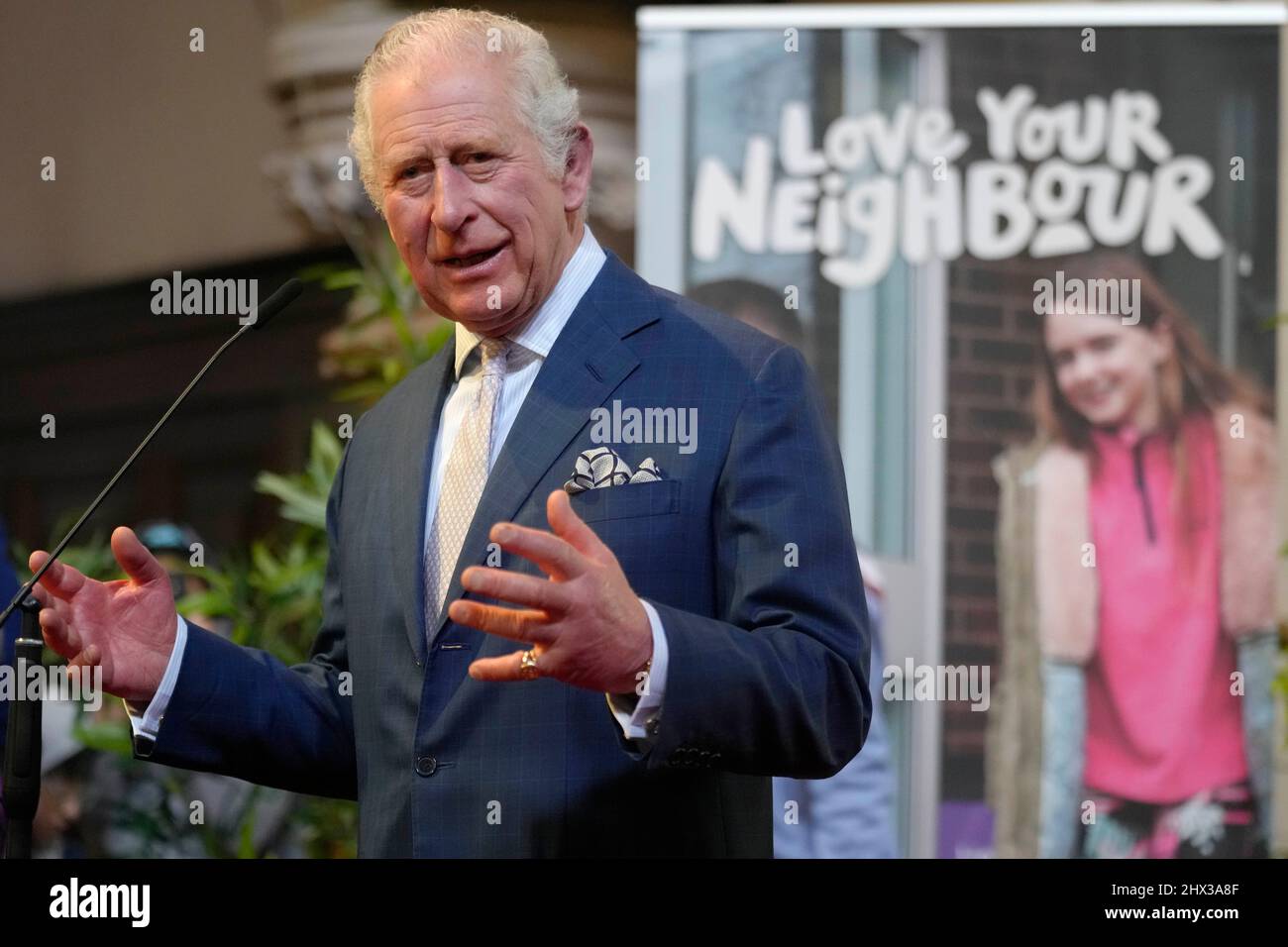 The Prince of Wales speaks during a visit to St Luke's Church, Earl's Court, west London, to learn about the work of Holy Trinity Brompton in supporting refugees and asylum seekers. Picture date: Wednesday March 9, 2022. Stock Photo
