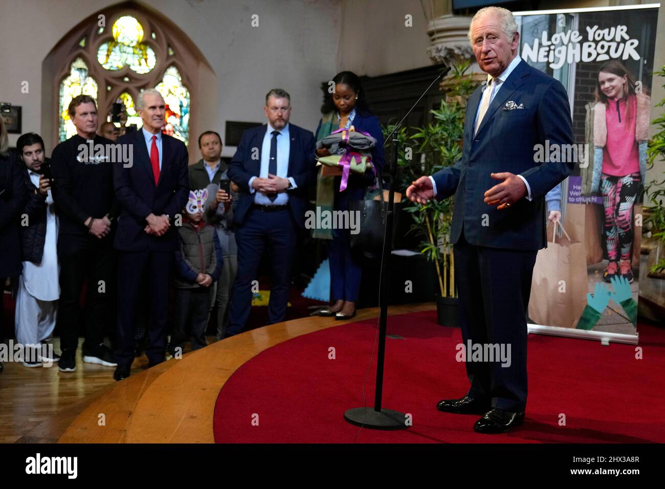 The Prince of Wales speaks during a visit to St Luke's Church, Earl's Court, west London, to learn about the work of Holy Trinity Brompton in supporting refugees and asylum seekers. Picture date: Wednesday March 9, 2022. Stock Photo