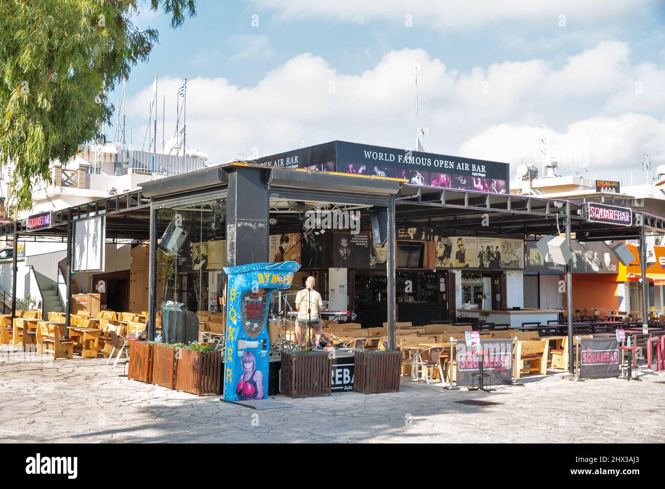 Ayia Napa, Cyprus - May 28, 2021: Square Bar music open air building. Ayia Napa is a tourist resort at the eastern end of the southern coast of Cyprus Stock Photo