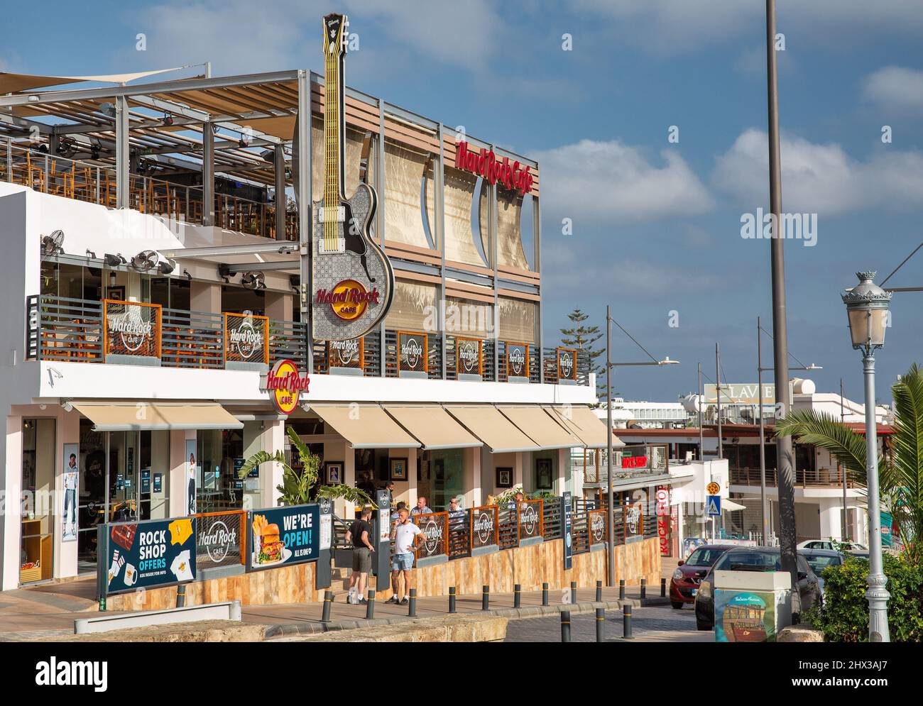Ayia Napa, Cyprus - May 28, 2021: Hard Rock cafe building. It is a chain of theme restaurants founded 1971 in London. In 1979, the cafe began covering Stock Photo